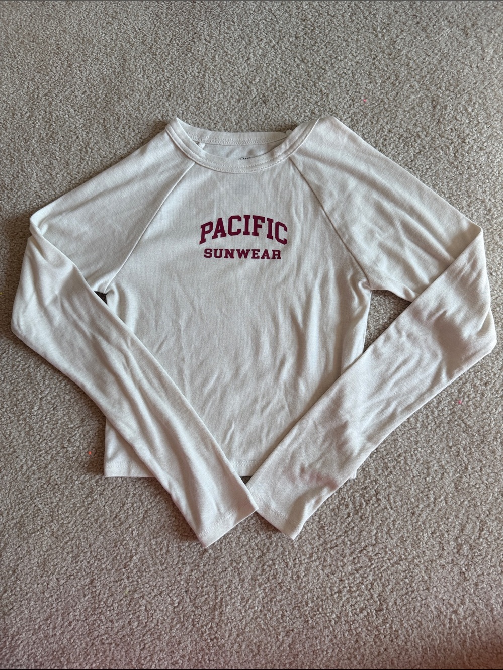 Pacific Sunwear Cream-White Raglan Long Sleeve Top with Maroon Words